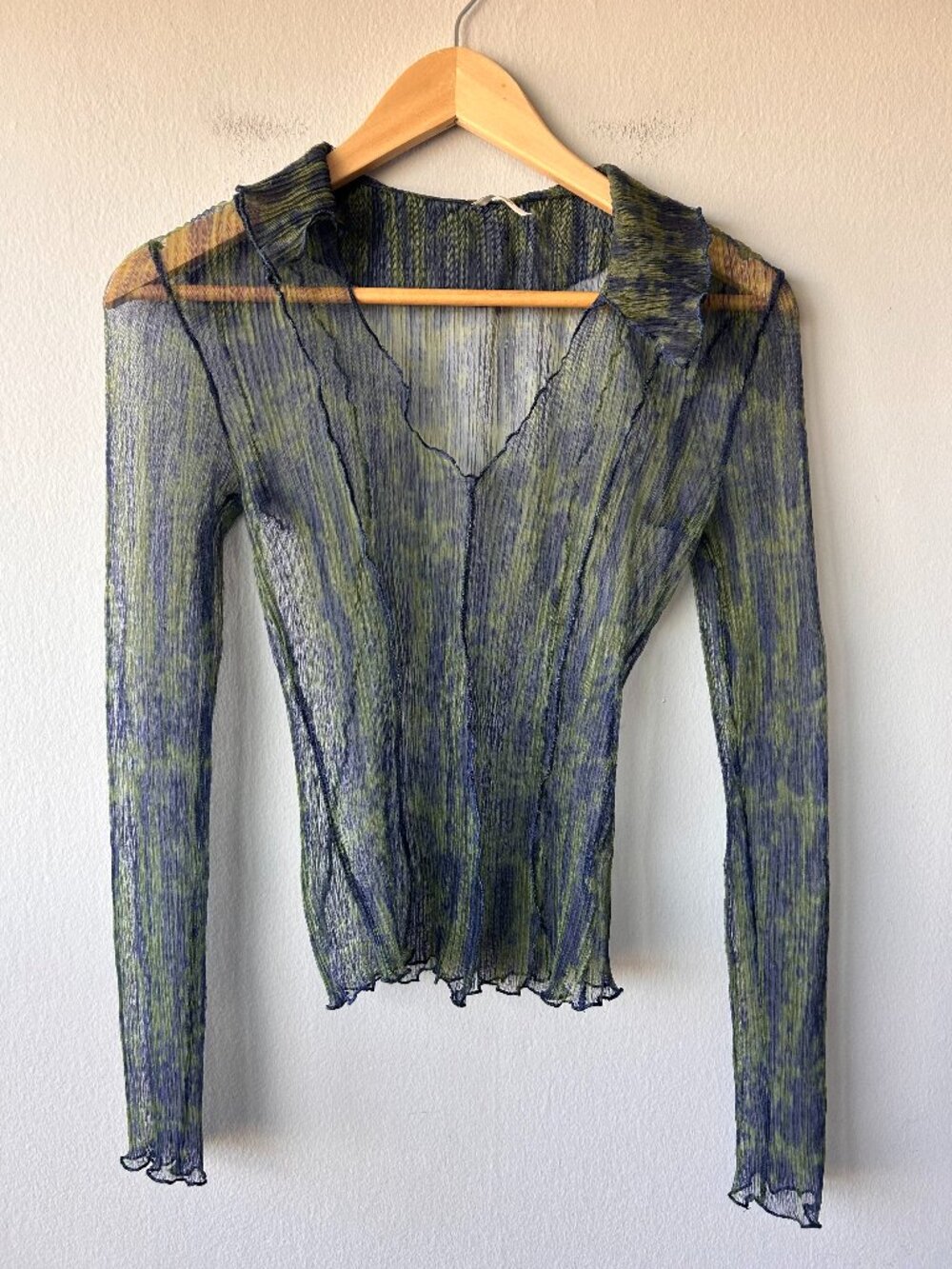 Free People Sheer Mesh Ruffle Top Blue Green Abstract Print XS